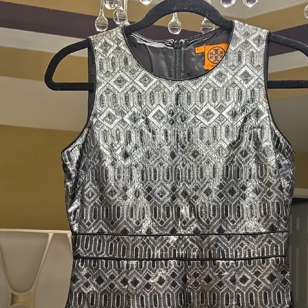 Tory Burch Metallic Silver and Black Mini Dress EUC